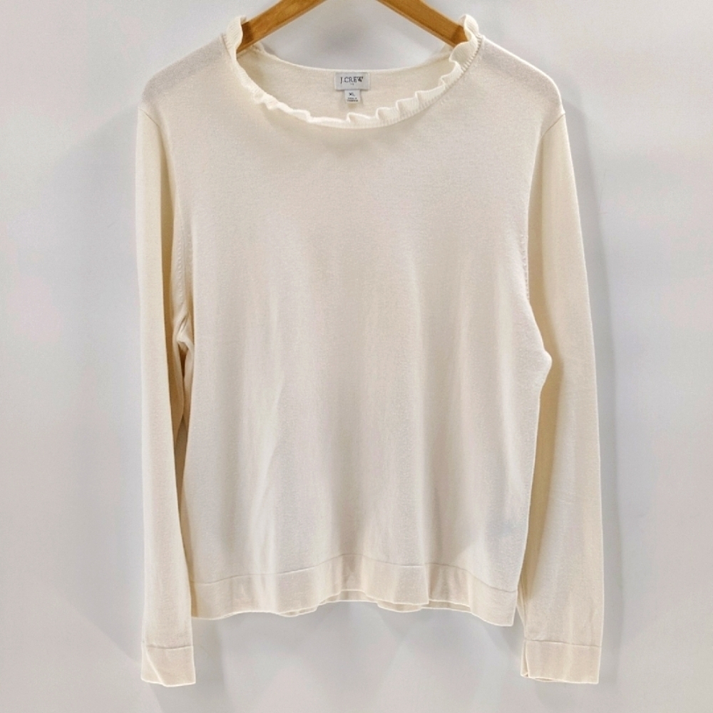 J. Crew Ivory Cream Pullover Sweater Size XL Long Sleeve Ruffle Open Neck
